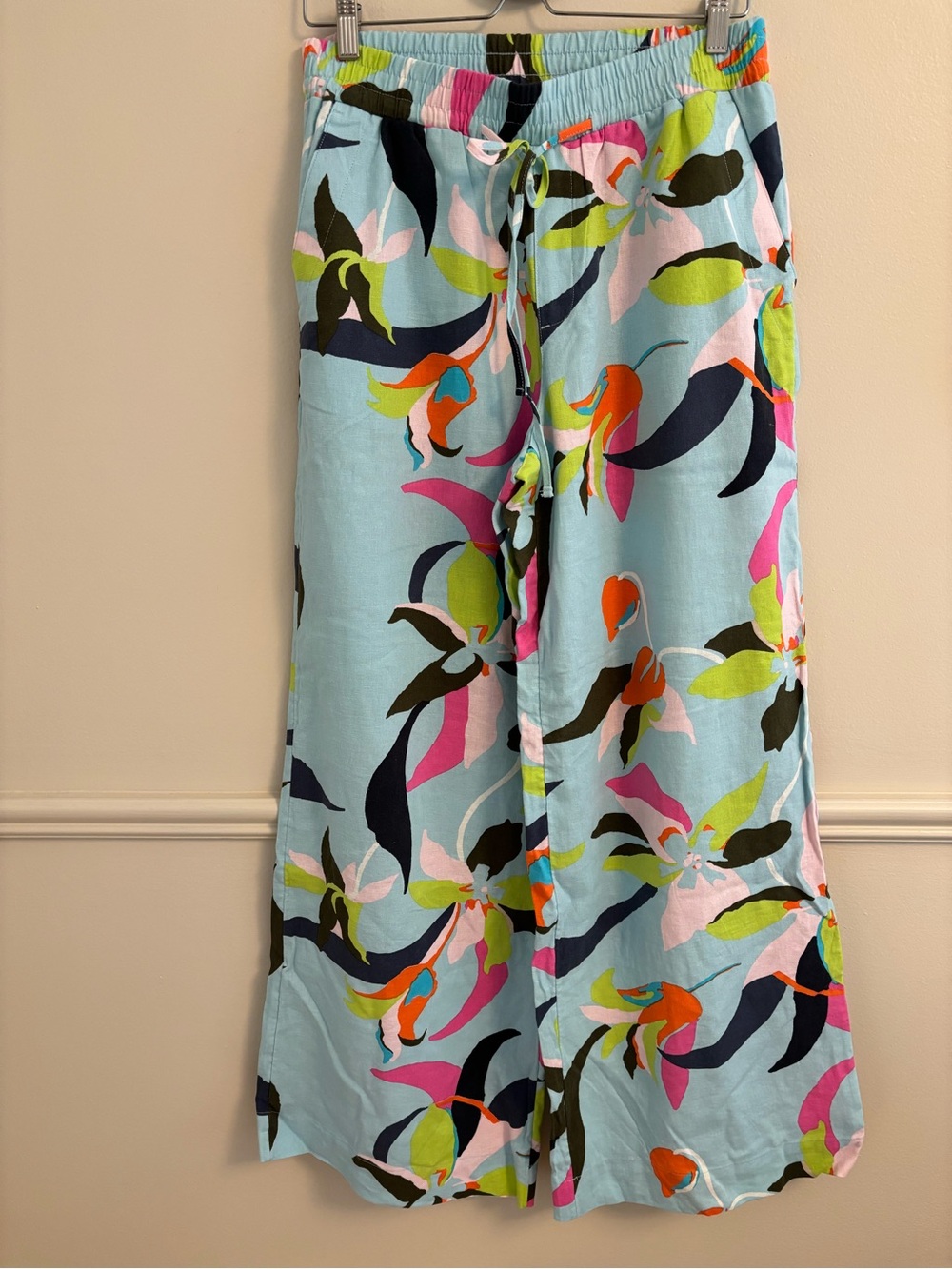 Light Blue Floral Wide-Leg Drawstring linen Pants